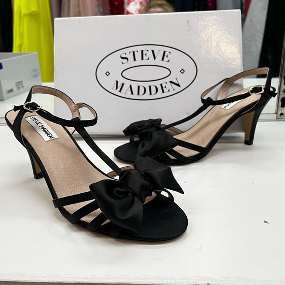 Steve Madden Y2K Satin Bow Kitten Heel Gramicy Black Sandal Shoes - Picture 1 of 8